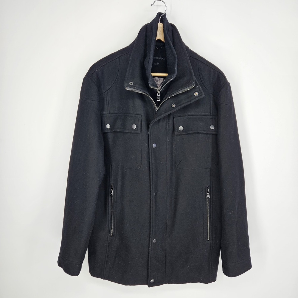 Calvin Klein Black Military Wool Blend Jacket Front Pockets Medium M